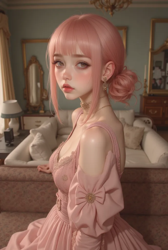 Young adult female. very pale, pale pink eyes and smooth pastel pink hair. Hair tied in a very short ponytail with bangs.  fine features, soft and graceful. Elegant dress with straps. Gentle but slightly sad expression looking at the spectator.  in the bac...