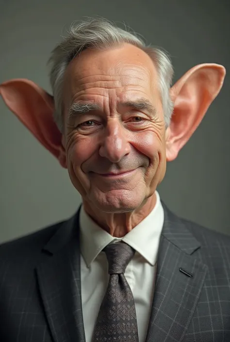 A photorealistic image of a middle-aged man with unusually large ears. His face exudes confidence with a subtle smile, and his ears appear unrealistically large yet seamlessly fit his overall appearance. He wears a stylish suit, the background is soft and ...