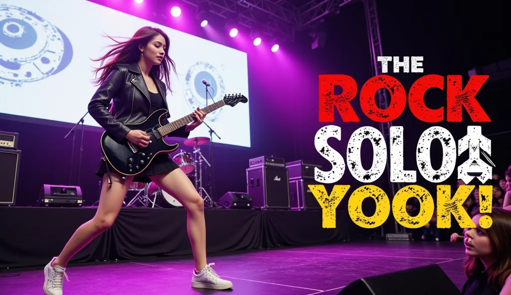 A 19-year-old Asian female guitarist performing on stage with intense energy. She wears a black leather jacket, a short skirt, and white sneakers. Her long hair flows as she moves, and her expression is full of passion while playing a black electric guitar...