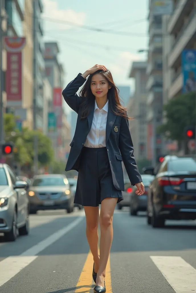 Chulalongkorn student in her student uniform is walking through pedestrian crossing in triffic jam situation with her phone down, face looking straight up, in a way of supermodel 