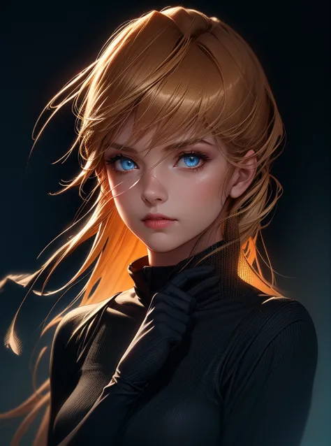 "A young woman with short tousled blonde hair stands in complete darkness, her arm outstretched forward. A soft radiant glow emanates from her palm, illuminating her determined face and casting long shadows. Mystical particles of light float around her han...