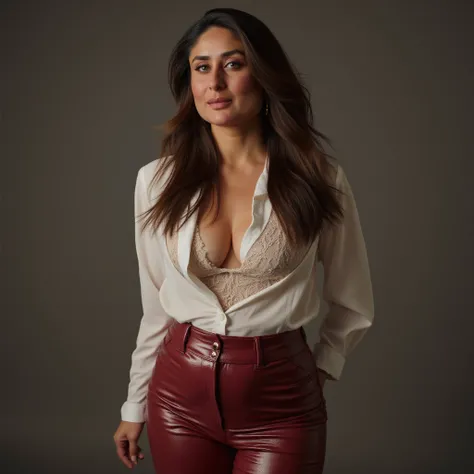 kareena kapoor:1.4, looking at camera, laughing in a sexually teasing manner, (((portrait of Kareena kapoor, massive breast cleavage, shiny pvc high-waisted pants and seductive lace top))), beautiful long hair tucked behind ears, ((round tight pointy breas...