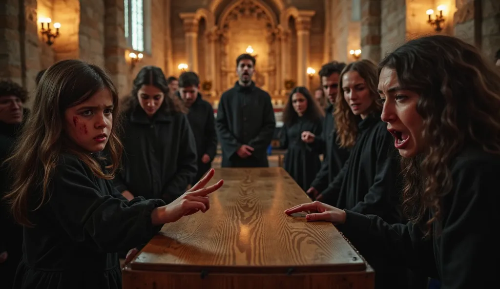 A dramatic scene inside a dimly lit church during a funeral. A grieving  girl with tear-streaked cheeks is standing in front of a closed wooden coffin, crying and pointing directly at it. Her expression is filled with fear and urgency. Surrounding her, a g...