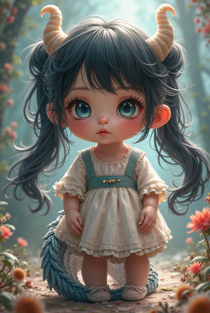 Chubby girl with big shapes. Black long hair in a pigtail. Blue eyes with white eyelashes. Dragon tail and white horns