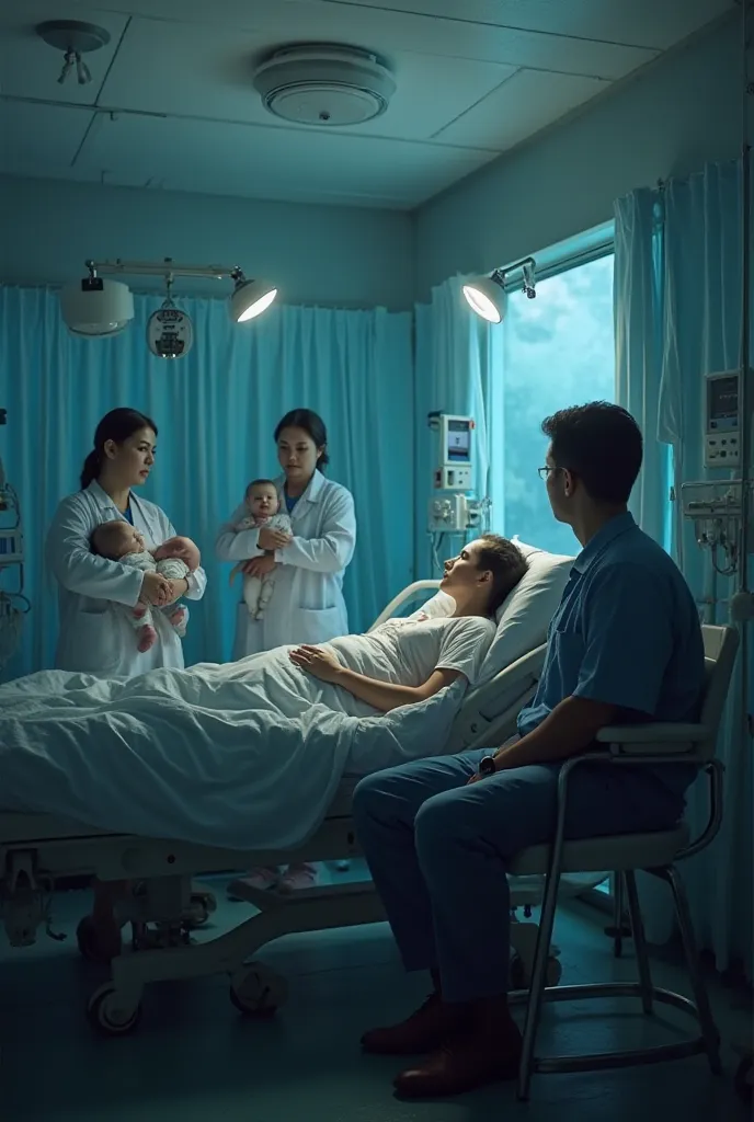 The ICU lights dimming but there's should be like a woman on the bed, her husband sitting on a chair  next to her. While by the corner, some nurses and a female doctor surrounding each other. The female doctor is carrying a baby 