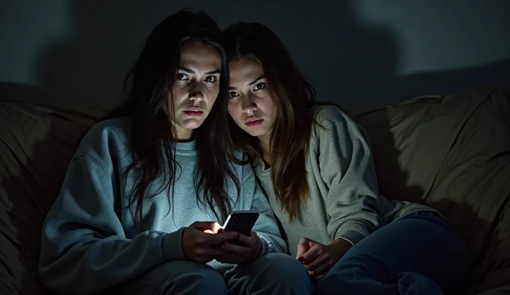 A tense indoor scene at night. Two young women sit close together on a couch—one (Callie, with long dark hair, wearing an oversized sweatshirt) grips a phone tightly, her face pale with fear. The other (the protagonist, with shoulder-length hair, looking b...