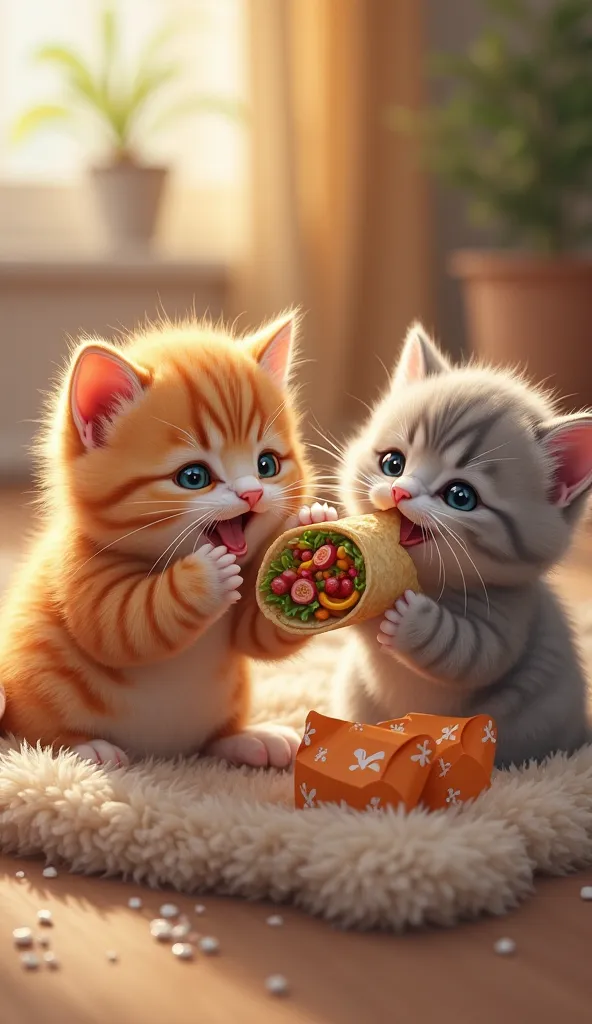 The orange kitten is eating🌯 and the gray kitten is drinking 🥤happily