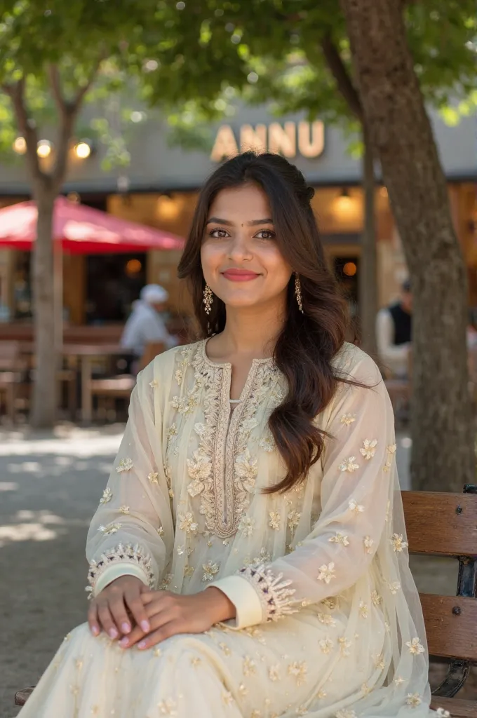 A beautiful Pakistani girl wearing traditional Pakistani outfits of light colour sitting on a bench under tress and In background there is a restaurant name of annu
