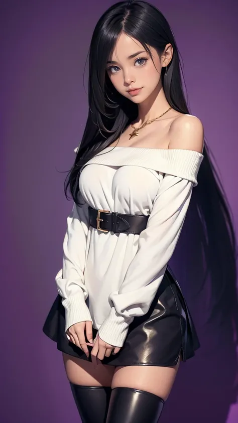 1girl, baby face, Beautiful black straight very very long hair, Staring at viewer with a charming smile, Slender but large breasts, beautiful skin, white Off-shoulder knit dress that fits the body, black leather knee high boots, Gold Cross Necklace, cowboy...