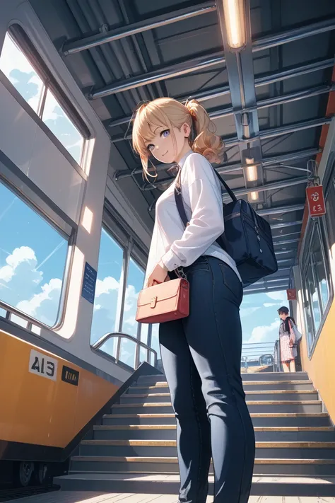  Commuter Rail、 real girl 、 middle school student、hairstyle is bob、miniskirt、The lace pants are visible from below