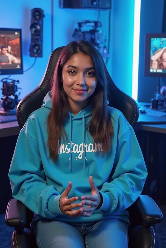 Pakistani   girl sitting straight confidently on a modern gaming chair in her Instagram studio she is wearing a soft blue hoodie with Instagram Lina printed on it .Her face is clearly visible and expressive. The girl is gesturing with her hands, as If expl...