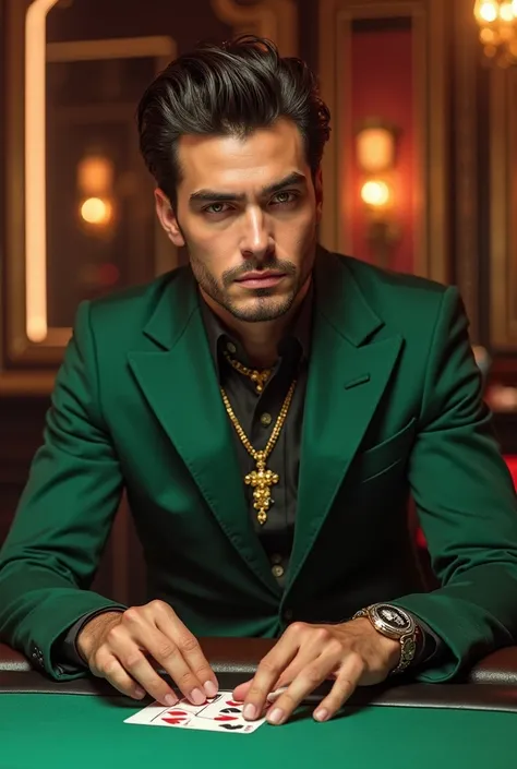 a casino man wearing green suit holding a cards he is playing poker, standing. 25 years old, brushed up hair. wearing gold jewelries.