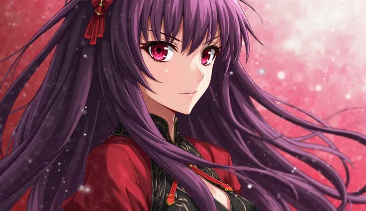 2D anime woman,  crimson eyes, long crimson and purple hair, Fate Grand Order, 2D animation and anime style, good physique, anime de fate Grand order, Scathach, long hair, for the red, (red eyes:1.5) Spear crimson 