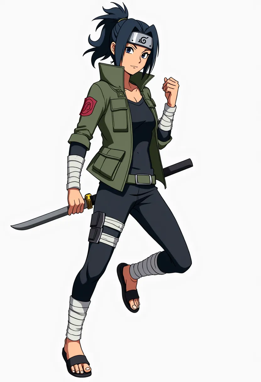 Gender swap asuma sarutobi from anime naruto, A fierce and battle-ready female ninja with a confident and determined expression. She has tan skin, sharp eyes, and short, slightly messy black hair tied back into a small ponytail. A Konoha headband is secure...