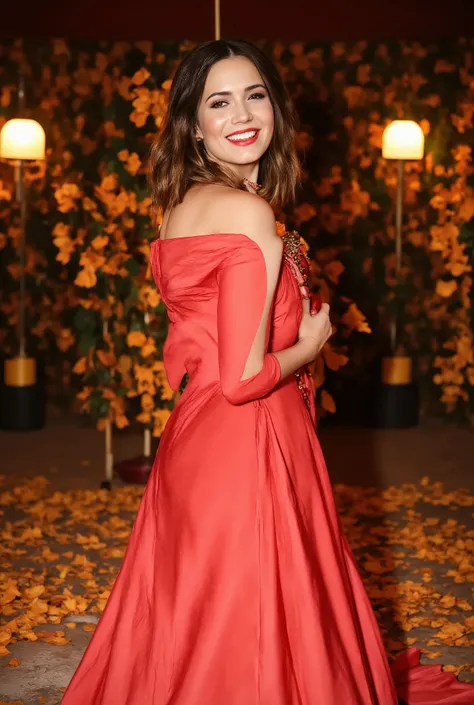 best quality, highres, 8k, masterpiece, photography, detailed midbody photorealistic portrait. Mandy Moore wears a flowing, red and gold lotus silk wedding dress, inspired by traditional Chinese bridal attire. The dress features a deep neckline and a grace...