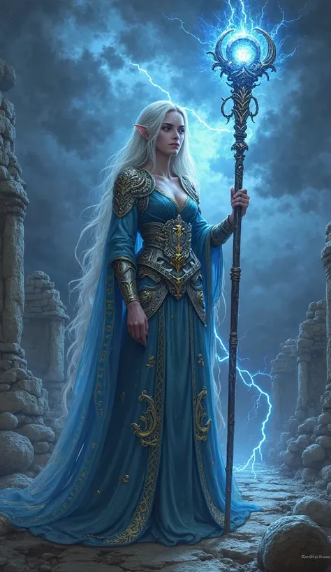 A legendary elven sorceress stands with an aura of immense power, her long, flowing robe adorned with golden embroidery at the edges, shimmering under the magical glow. Her silver and blue enchanted armor fits elegantly, offering both grace and protection....