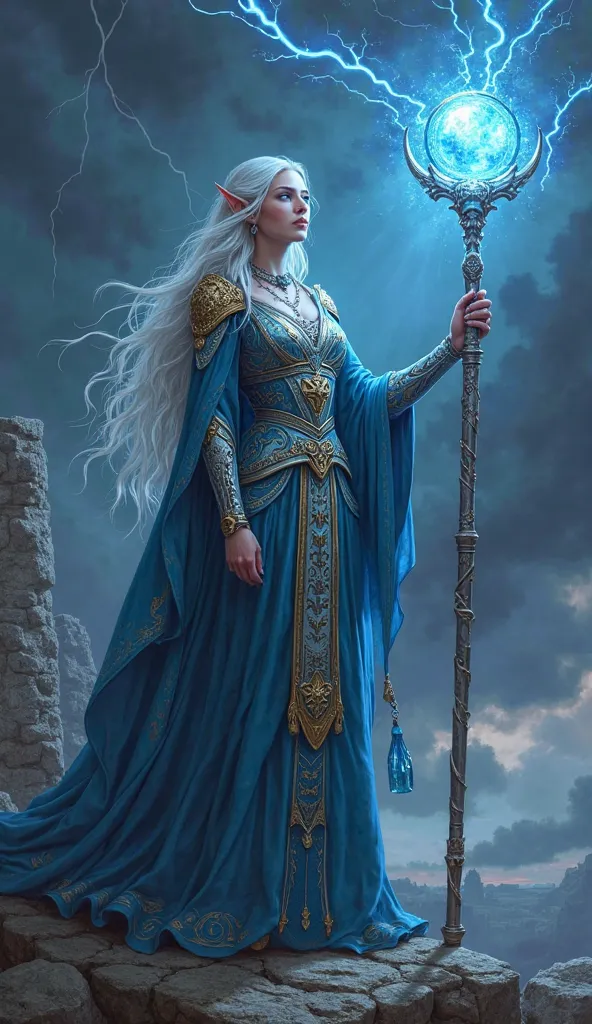 A legendary elven sorceress stands with an aura of immense power, her long, flowing robe adorned with golden embroidery at the edges, shimmering under the magical glow. Her silver and blue enchanted armor fits elegantly, offering both grace and protection....