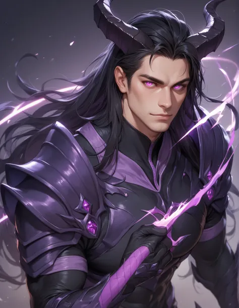 One, handsome, 1 man, with a sporty body, V-shaped body, black detailed armor with glowing purple details, black demonic horns, long hair, black hair, purple with red tones of reptile eyes, purple threads, black light