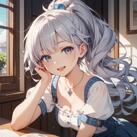  Silver Hair、small hair ornament、high ponytail、long hair、 eye larger、Keep the outer corner of your eye high 、lashes slightly longer、Small nose、Open your mouth slightly、smile、18 years old、Lean forward、Short sleeve、Chest Exposure、 pendant