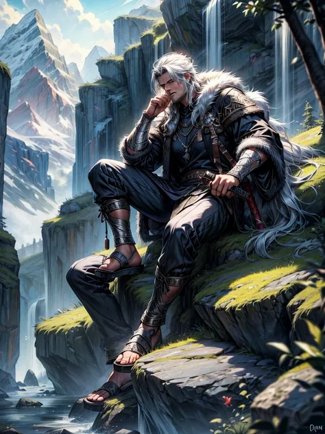 God Odin viking sitting on rock, very long hair, crown, gigantic sword, fur suit. fantasy art. mountains