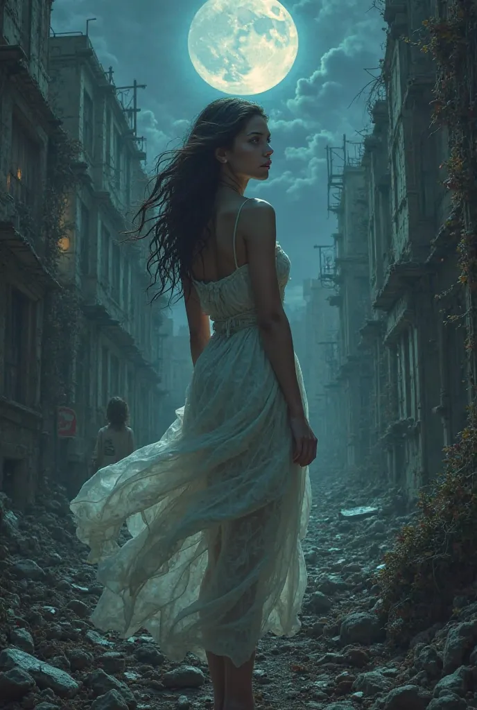 An incredibly beautiful girl on the ruins of a city at night 