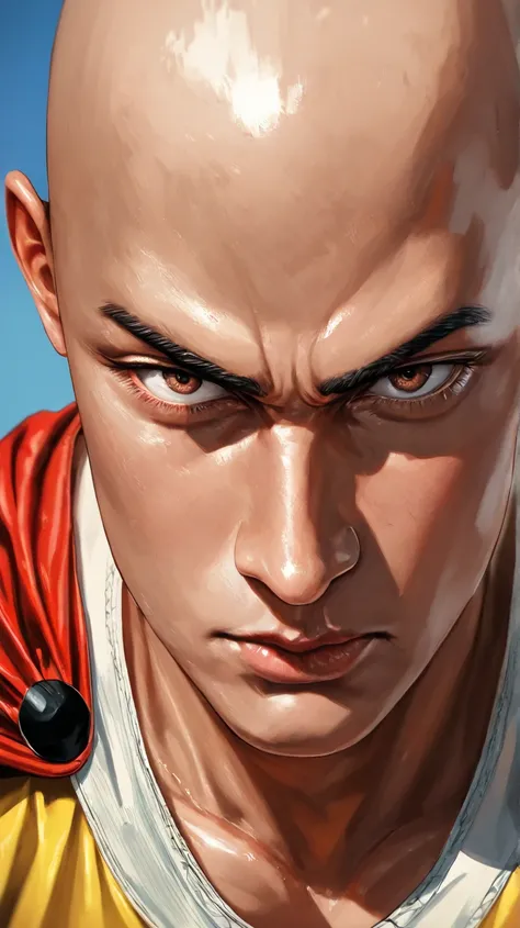 Masterpiece, best quality, ultra realism, hyper realistic, realistic skin textures, 1 man, solo, saitama (one punch man), bald, brown eyes, looking at viewer, yellow outfit, red cape, close up, serious face, blue sky background, centered, symmetrical.