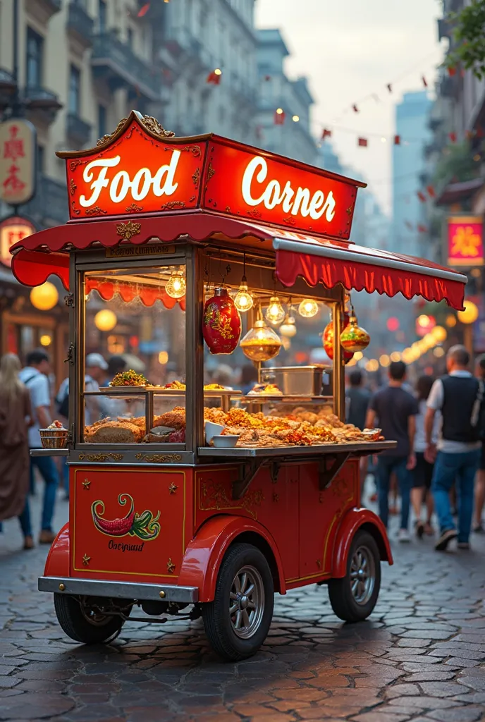 show me a food cart which name is food corner.and the logo is a Firing Chilli pepper beside the name plate. The name plate,should be a Box name plate 