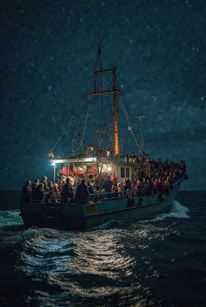 a fishing boat is used as a refugee boat from Tangér to Spain. it is completely overcrowded and there are poor conditions. It is night time and the waves are restless. People also die. The picture focuses on a father and his 18-year-old son, who fled Alger...