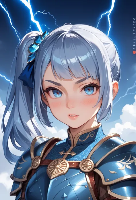 A young female warrior with a side ponytail, wearing an intricate, lightning-themed armor set resembling a mythical beast. The armor is adorned with glowing blue patterns and fur trims, evoking an ancient and powerful aura. Her expression is a mix of frust...