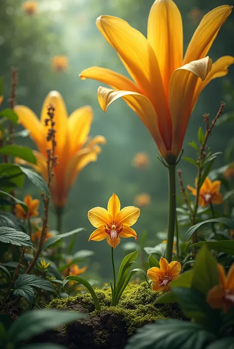 A small yellow orchid between giant flowers