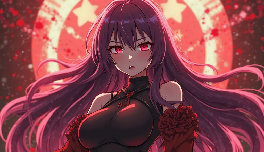 2D anime woman,  crimson eyes, long crimson and purple hair, Fate Grand Order, 2D animation and anime style, good physique, anime de fate Grand order, Scathach, long hair, for the red, (red eyes:1.5) Spear crimson, annoyed 