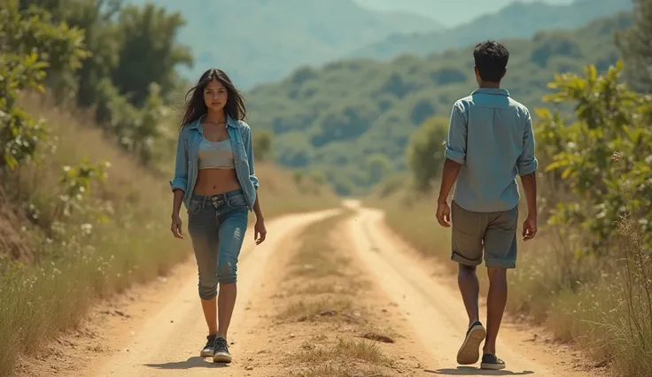 A beautiful 18-year-old girl, Indian in appearance, wearing short pants, short shirt, unbuttoned shirt, blue shirt, and shoes, was running on a dirt road. A young man came and stood in front of her.