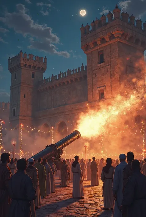 The Ramadan cannon is in the castle at night among people and ren with decorations and lights around them 