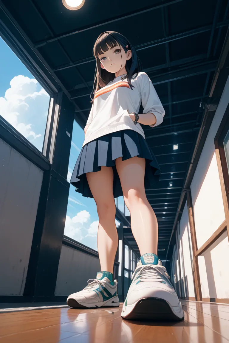 woman、 black hair、 Japanese、standing、 expressionless、 shirt、tight skirt、Sneakers、 view from below、between shoes、null、 Compa、ground、square pebbles、Next to shoes、It's straddling