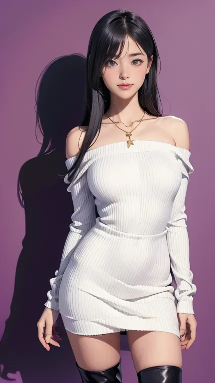 1girl, baby face, Beautiful black straight very very long hair, Staring at viewer with a charming smile, Slender but large breasts, beautiful skin, white Off-shoulder knit dress that fits the body, black leather knee high boots, Gold Cross Necklace, cowboy...