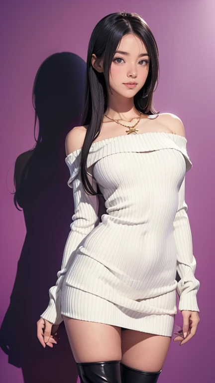 1girl, baby face, Beautiful black straight very very long hair, Staring at viewer with a charming smile, Slender but large breasts, beautiful skin, white Off-shoulder knit dress that fits the body, black leather knee high boots, Gold Cross Necklace, cowboy...