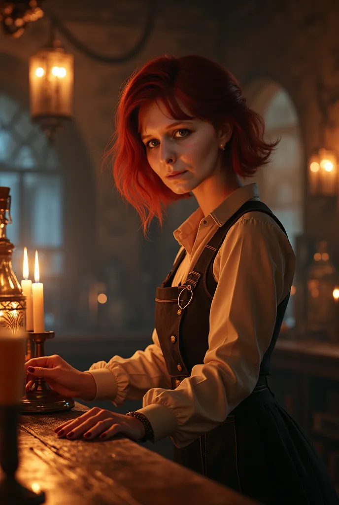 medium shot, girl bartender, red hair, bob haircut, ruffled hair, medieval style, photorealism, volumetric lighting