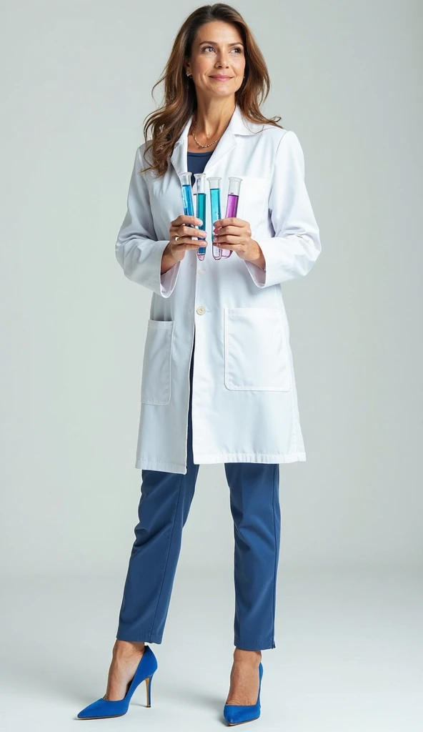 Middle-aged woman, European race, in blue high-heeled shoes, white professional coat, with test tubes in her hands, realistic photo