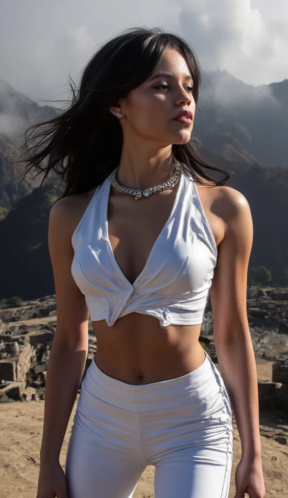 dynamic photoshoot of a BEAUTIFUL woman at Machu Picchu summit, (full-body dynamic poses),  elegant pearl necklace (Akoya pearls with platinum clasp perfectly hugging neckline), sporty-chic outfit: white crop top with a deep v neckline and high-waisted ath...