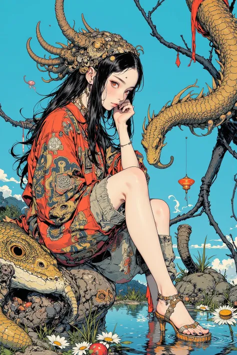  Unrealistic Illustration ,spiritual art of a girl wearing a lizard costume,Girl Sitting on a Rock ,lizard's hairy tail,  Unreal Magical Living Room,lizard costume  , expressing the anthropomorphic character of an animal lizard ,  depicting an anthropomorp...