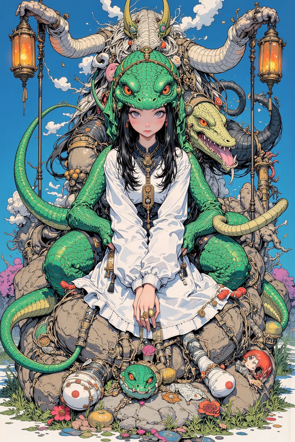  Unrealistic Illustration ,spiritual art of a girl wearing a lizard costume,Girl Sitting on a Rock ,lizard's hairy tail,  Unreal Magical Living Room,lizard costume  , expressing the anthropomorphic character of an animal lizard ,  depicting an anthropomorp...