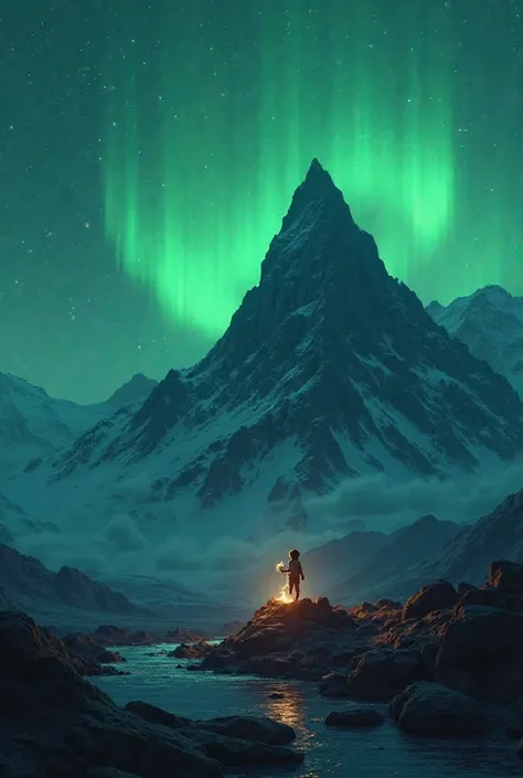 a close up of a mountain with a human  proposal in the background, made of green Northern Lights  , frame from pixar movie, still from a 2015 pixar movie, pixar movie screenshot, lava!!!, animated movie scene, pixar cgi, the earth sprouts waterfall, anato ...