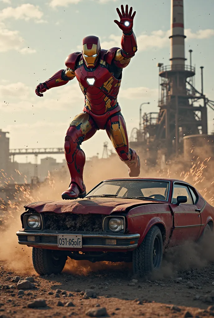 image of the hero Iron Man landing on the hood of a rusty and forcefully abandoned car on a crumpled and destroyed car crouching one of the knees hard and one of the hands on the front hood of the crumpled car, The car's hood sinks too deep inside causing ...