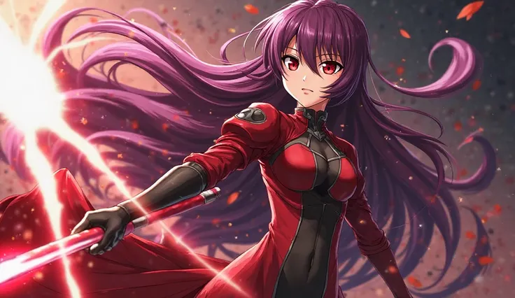 2D anime woman,  crimson eyes, long crimson and purple hair, Fate Grand Order, and anime style, good physique, anime de fate Grand order, Scathach, long hair, for the red, (red eyes:1.5) Spear crimson, launching an attack, armor,  tight suit