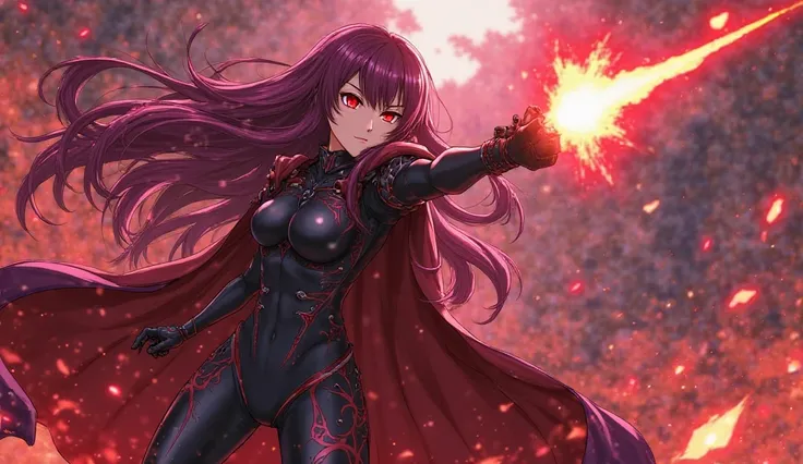 anime 2d,  crimson eyes, long crimson and purple hair, Fate Grand Order, and anime style, good physique, anime de fate Grand order, Scathach, long hair, for the red, (red eyes:1.5) Spear crimson, launching an attack, armor,  tight suit