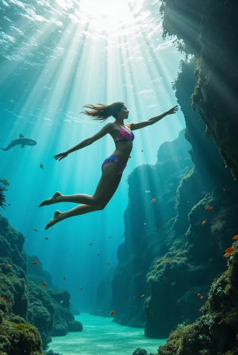 The color of a woman diving in a swimsuit in a beautiful ocean々There are many types of tropical fish, clear seawater, and large sharks swim