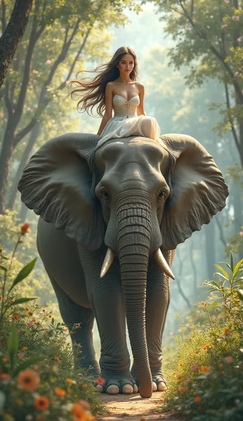 A young woman walking while sitting on an elephant.