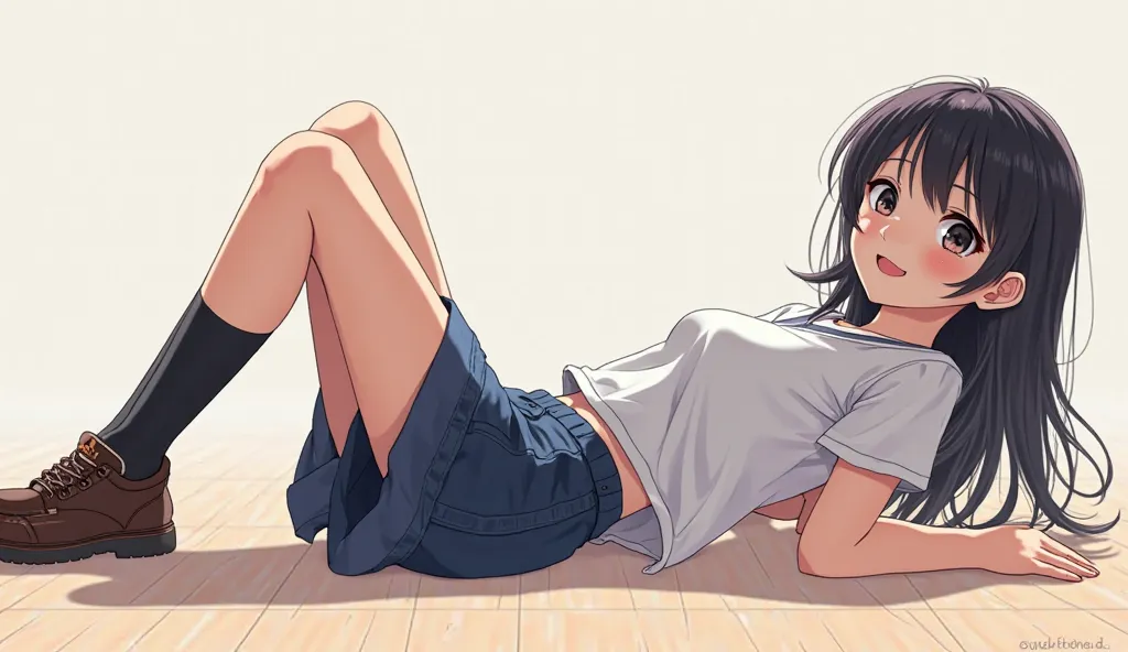 Illustration in anime style. Full body photo of 18-year-old girl wearing high school clothes, smiling brightly, eyes sparkling, hands between legs. black hair, black eyes, white skin, lying on the floor