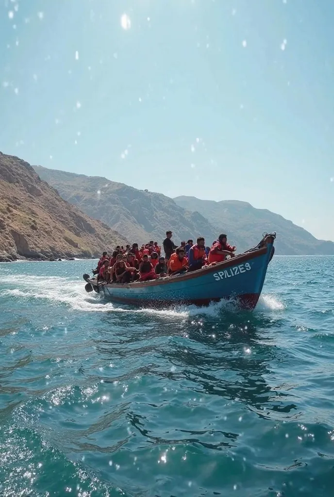 A fishing boat, which is used as a refugee boat to Europe, Almost arrives on the Spanish coast . You recognize, that border police are stationed on the shore, Which is why many of the refugees jump out of the boat in panic and flee to hide later.