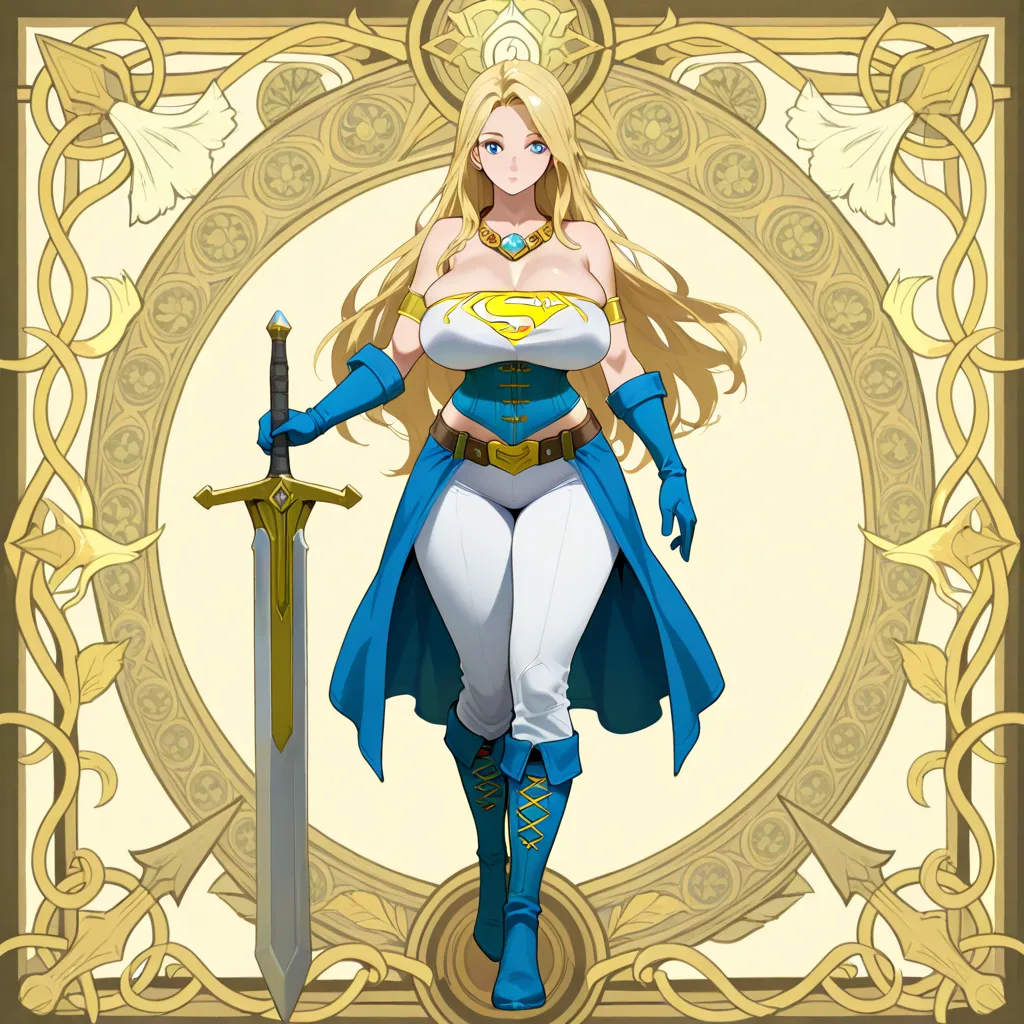 supergirl, big boobs, huge boobs , slim body,  firm and large butt , voluptuous body,  culona, huge boobs,  saggy breasts, full body, white battle pants, sword, paladin, isekai, anime, long white and light blue boots, blond hair, heavenly eyes, sword de es...